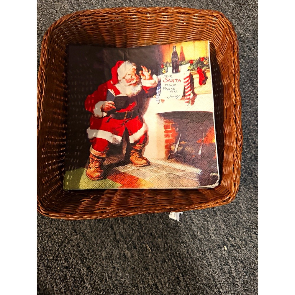 Coca Cola Santa Christmas Napkins Lot 41 w Wicker Basket Vintage Style Holiday